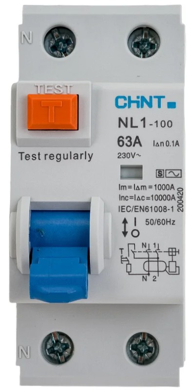 

УЗО CHINT 200426 NL1-100 2P 63А 300мА 10кА тип AC-S (R), 200426