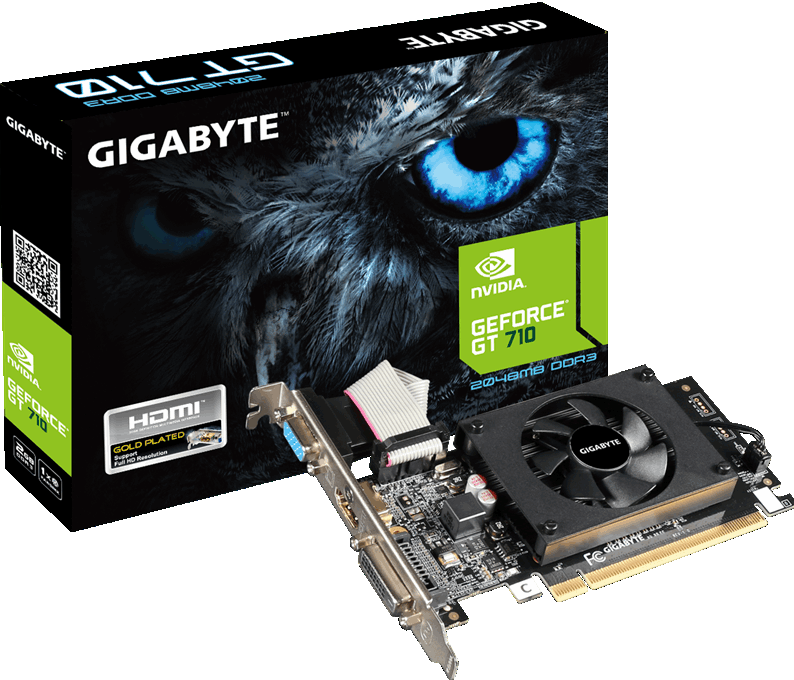 

Видеокарта PCI-E GIGABYTE GeForce GT 710 GV-N710D3-2GL 2GB Low Profile GDDR3 64bit 28nm 954/1800MHz DVI(HDCP)/HDMI/VGA RTL, GeForce GT 710