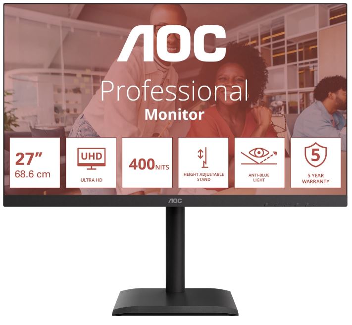 

Монитор 27" AOC U27E4CV 3840x2160, 16:9, IPS, 400 cd/m, 1200:1, 4 ms, 178°/178°, 60Hz, 2*HDMI, DP, SB, USB-C, Spk, Pivot, Black, U27E4CV