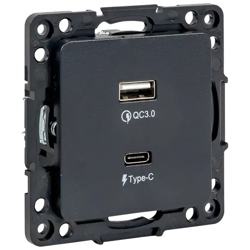 

Розетка EKF EZR-2USB-type-C Стокгольм 2-местная type-A + type-C черный механизм, EZR-2USB-type-C