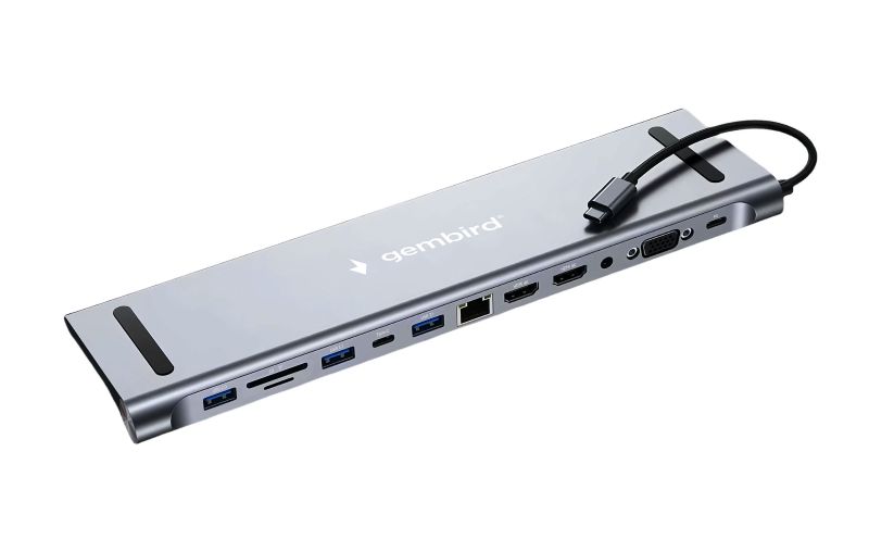 

Док-станция Gembird UHB-D6 Type-C, 12в1: 2xUSB3.1,USB2.0, RJ45,PD87W, Jack3.5, SD/TF, 2xHDMI, VGA,Type-C, UHB-D6