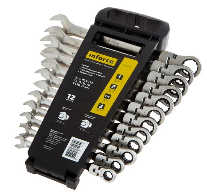 

Набор ключей Inforce 06-05-51 комбинированных шарнирных с трещоткой 12 предметов, 06-05-51