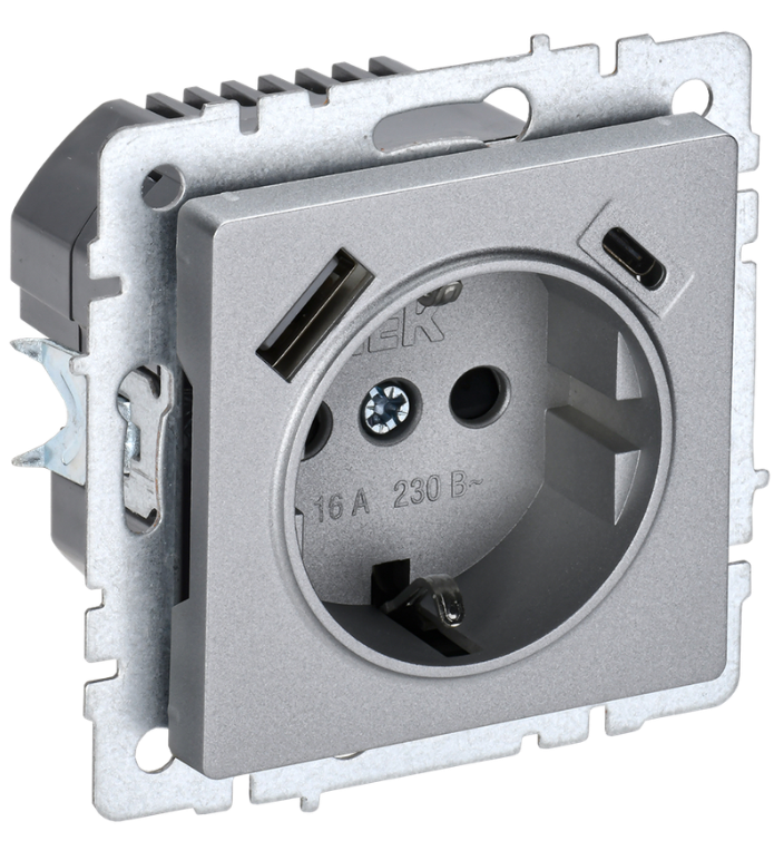 

Розетка с заземлением IEK BR-R14-16-U22-018-K47 BRITE с защитными шторками 16А с USB A+C 18Вт РЮш11-1-БрА Алюминевый, BR-R14-16-U22-018-K47