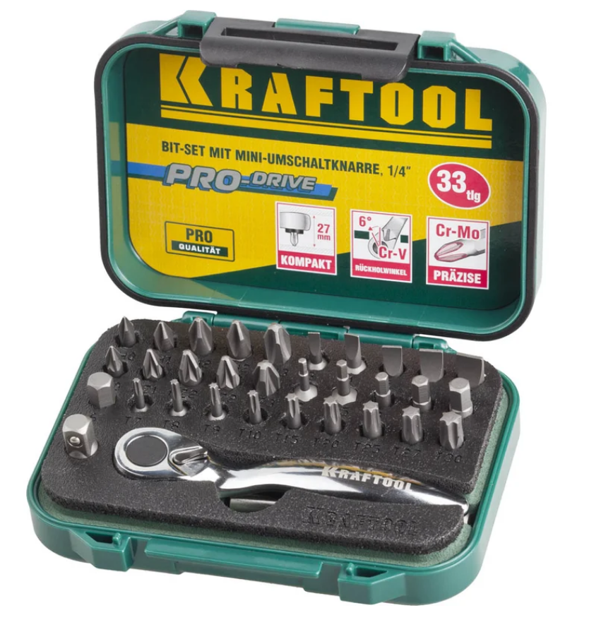 

Набор бит Kraftool ЕХPERT 26157-H33 Kraftool с мини трещоткой 1/4", 33 предмета, ЕХPERT