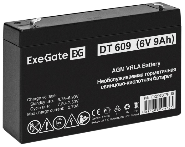 

Батарея аккумуляторная Exegate DT 609 EX297507RUS (6V 9Ah, клеммы F2), DT 609
