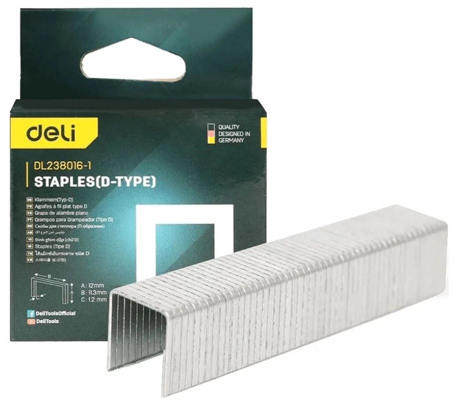 

Набор Deli DL238016-1 скоб для степлера 1000 шт (Тип D) (12 х 11,3 х 1,2мм), DL238016-1