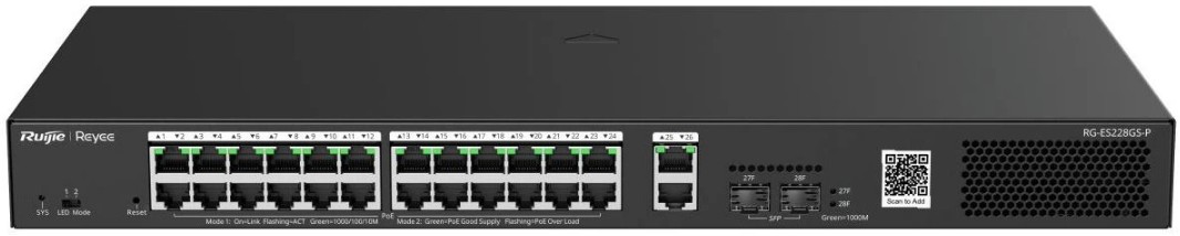 Коммутатор RUIJIE NETWORKS RG-ES228GS-P 28-портовый гигабитный с 24 портами PoE+, 2 RJ45 + 2 SFP Uplink порта, с облачным управлением