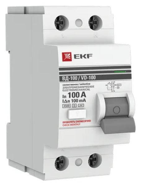 

УЗО EKF elcb-2-100-100S-em-pro ВД-100 2P (S) 100А 100мА тип АС электромеханический 4,5кА селективный PROXIMA, elcb-2-100-100S-em-pro