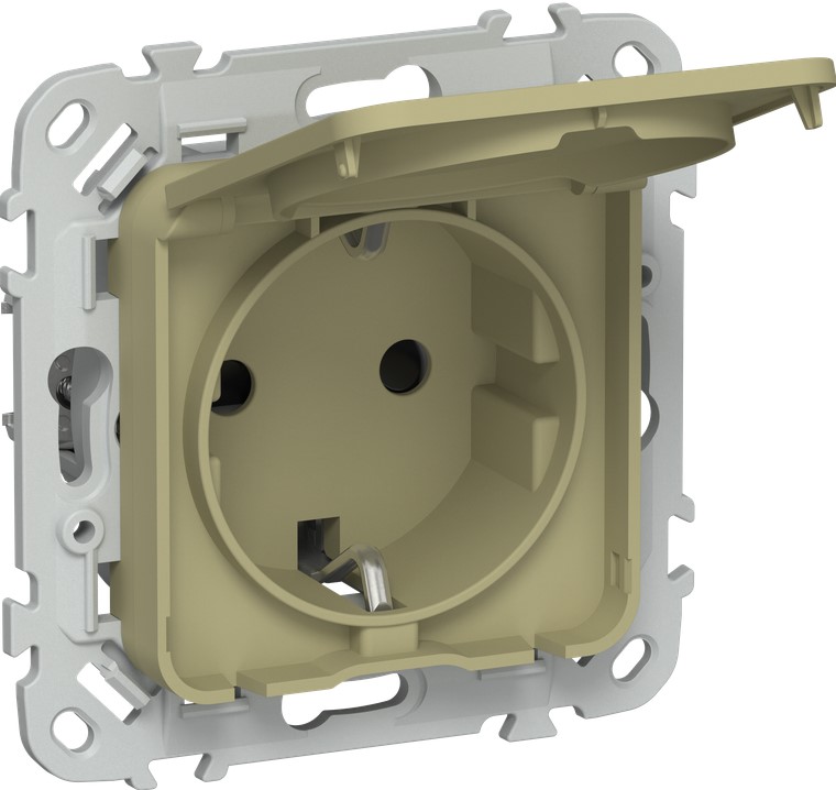 

Розетка с заземлением IEK FI-R16-16-1-44-K26 FLITE с защитными шторками и крышкой безвинтовое крепление 16А IP44 РСшкр11-1-44-ФлО оливковый, FI-R16-16-1-44-K26