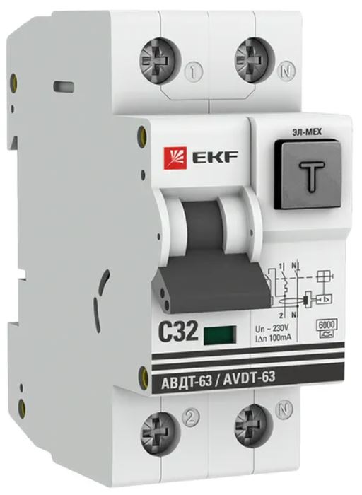 

Автомат дифференциальный EKF DA63-32-100em АВДТ-63 1P+N 32А характеристика C 100мА тип A электромеханический 6кА PROXIMA, DA63-32-100em