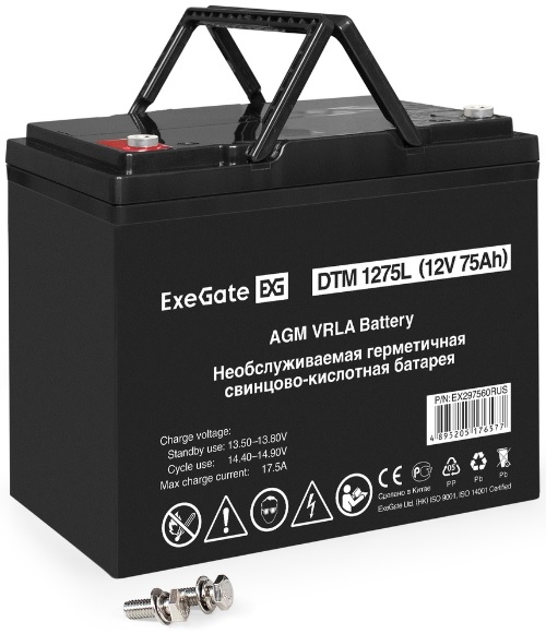 

Батарея аккумуляторная Exegate DTM 1275L EX297560RUS (12V 75Ah, болт М6), DTM 1275L