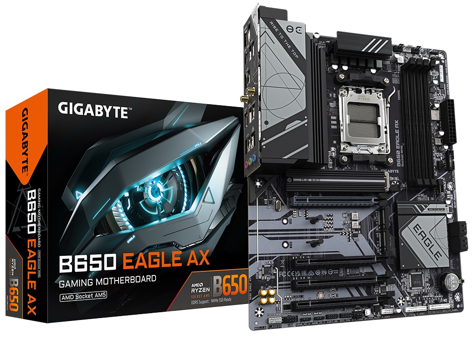

Материнская плата ATX GIGABYTE B650 EAGLE AX (AM5, AMD B650, 4*DDR5 (7600), 4*SATA 6G RAID, 3*M.2, Glan, WiFi, HDMI, DP, 2*USB 3.2, 6*USB 2.0, USB Typ, B650 EAGLE AX