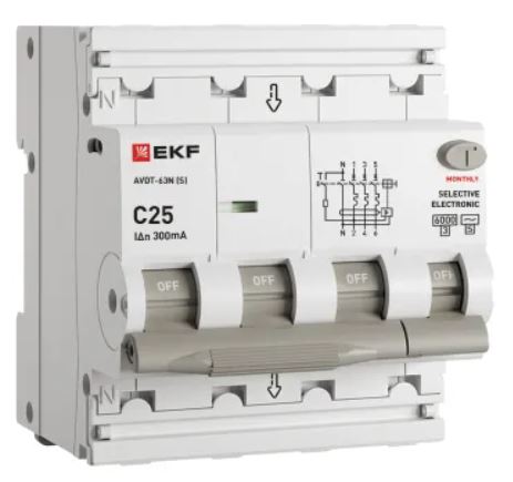

Автомат дифференциальный EKF D63N46ES25C300 АВДТ-63N 3P+N (S) 25А характеристика C 300мА тип AC электронный селективный 6кА PROXIMA, D63N46ES25C300