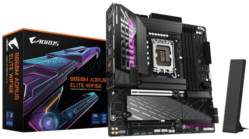 

Материнская плата mATX GIGABYTE B860M AORUS ELITE WIFI6E (LGA1851, B860, 4*DDR5 (9200), 2*PCIe, 3*M.2, 4*SATA 6G RAID, BT, WiFi, 6*USB 3.2, 4*USB 2.0,, B860M AORUS ELITE WIFI6E