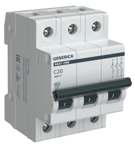 Изображение товара Автомат GENERICA MVA21-3-020-C-G, 20 А, 400 В, IP20, 3 полюса