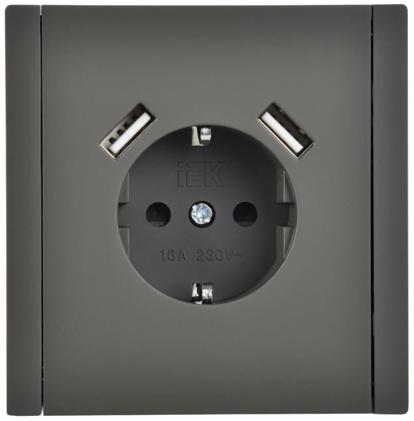 

Розетка с заземлением с 2 USB IEK FP-R14-16-U21-D31-K03 FORTE&PIANO с защитными шторками в/к 16А тип A+тип A 3,1А FP345 серый, FP-R14-16-U21-D31-K03