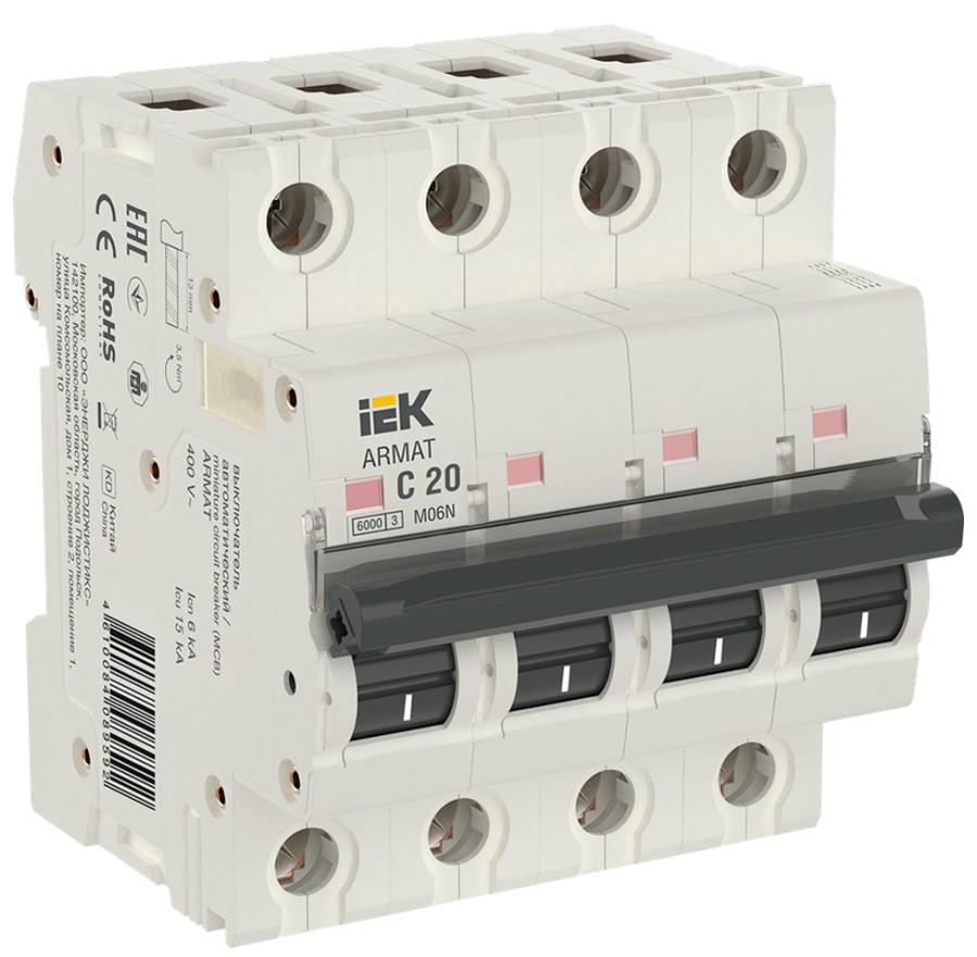 

Автоматический выключатель IEK AR-M06N-4-C020 ARMAT M06N 4P C 20А, AR-M06N-4-C020