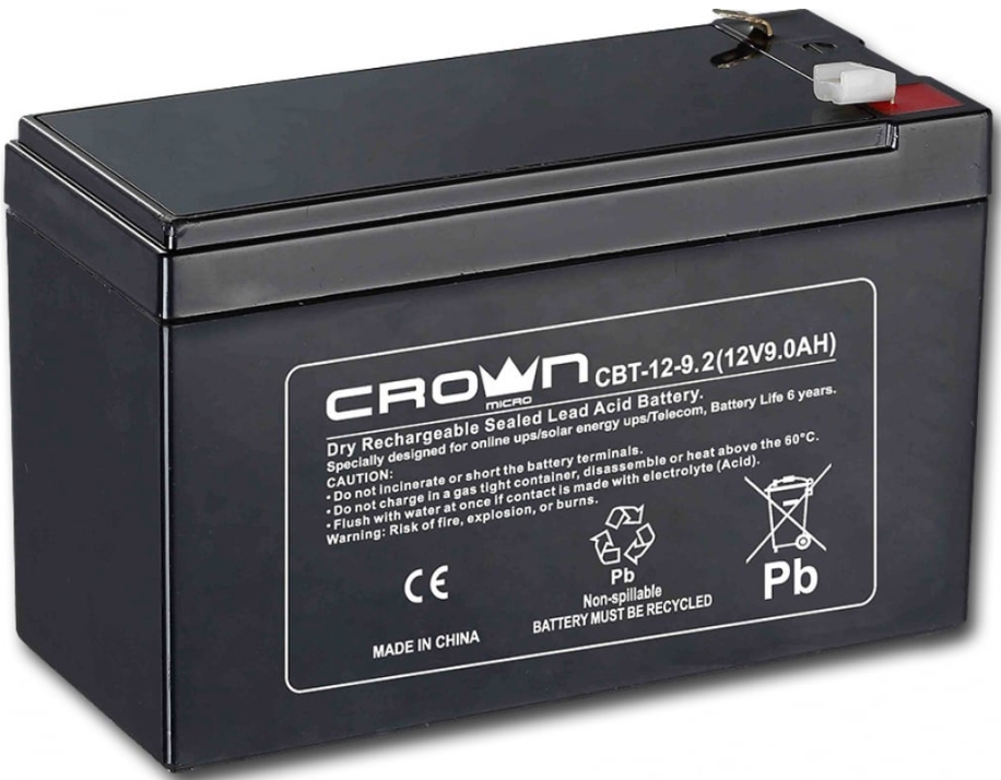 

Аккумулятор Crown CBT-12-9.2 CM000001678 свинцово-кислотный, 12В, 9.2 А/Ч, ABS-пластик, F2 (Т2), срок службы 6 лет, CBT-12-9.2