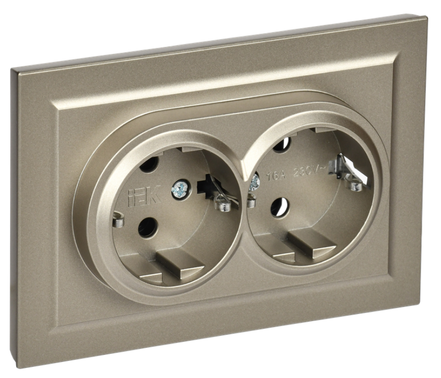 

Розетка двухместная с заземлением в сборе IEK BR-R21-16-K37-F BRITE без защитных шторок 16А РС12-3-БрШ Шампань, BR-R21-16-K37-F