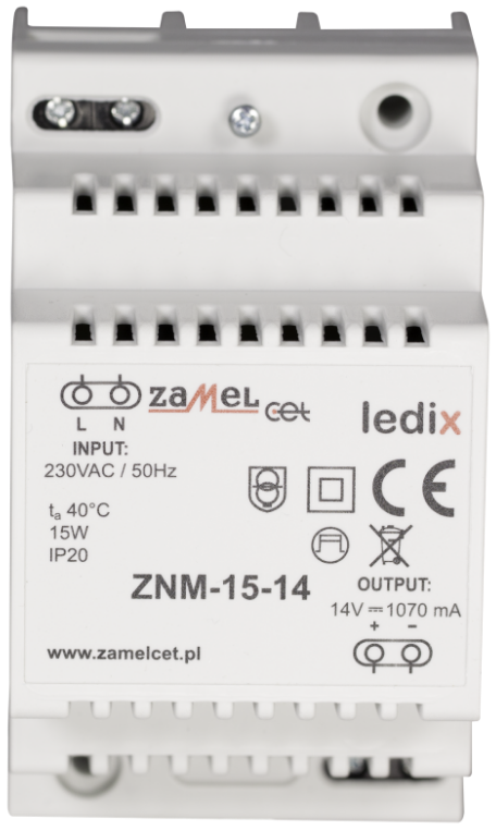 

Блок питания Zamel ZNM-15-14 LED 14V DC 15W на DIN-рейку, ZNM-15-14
