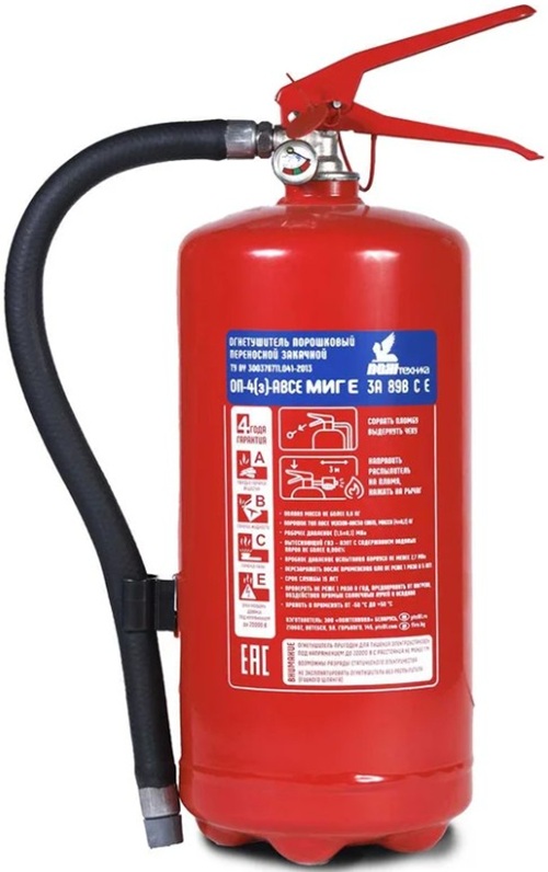 Огнетушитель Пожтехника ОП-4(з) МИГ Е (3А, 89В, С, Е до 20 000V) порошковый, с повышенной огнетушащей способностью