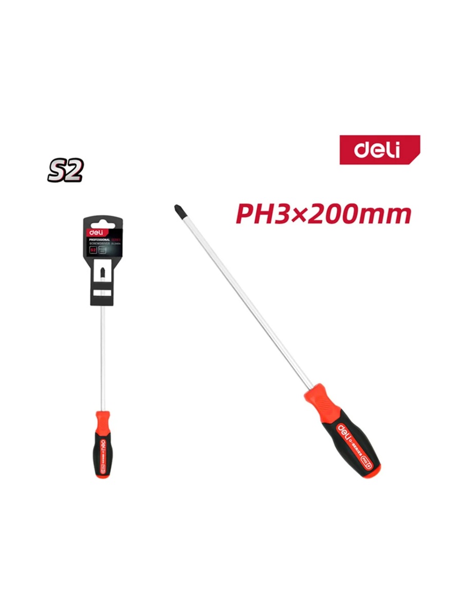 

Отвертка крестовая Deli DL3464 PH3x200мм сталь S2, матовый стержень, двухкомпонентная прорезиненная рукоять, DL3464
