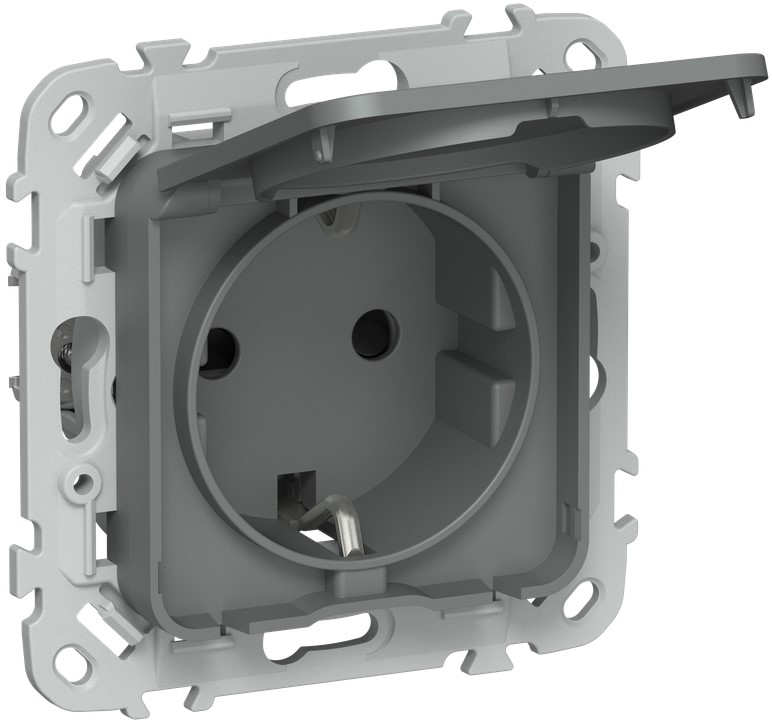 

Розетка с заземлением IEK FI-R16-16-1-44-K80 FLITE с защитными шторками и крышкой безвинтовое крепление 16А IP44 РСшкр11-1-44-ФлМА мокрый асфальт, FI-R16-16-1-44-K80
