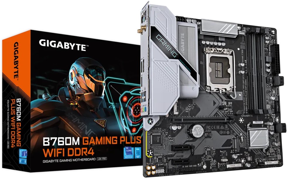 

Материнская плата mATX GIGABYTE B760M GAMING PLUS WIFI DDR4 (LGA1700, B760, 4*DDR4 (3200), 2*M.2, PCIe, 4*SATA, 2*USB 2.0, 3*USB 3.2, WiFi, BT, HDM, D, B760M GAMING PLUS WIFI DDR4