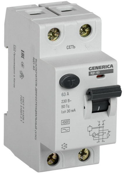 Изображение товара Выключатель дифференциального тока GENERICA MDV15-2-063-030 для защиты от утечки