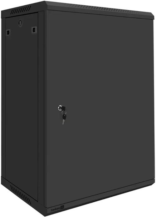 Шкаф настенный 19", 18U Exegate EX300260RUS телекоммуникационный EC-WM-18U.450.M.BLACK (600x450x901mm (ШхГхВ), передняя дверь металл, съемные боковые