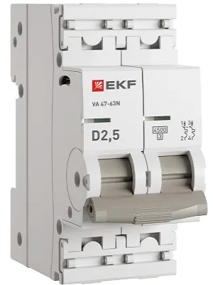 

Автоматический выключатель EKF M63422T5D 2P 2,5А (D) 4,5kA ВА 47-63N PROxima, M63422T5D