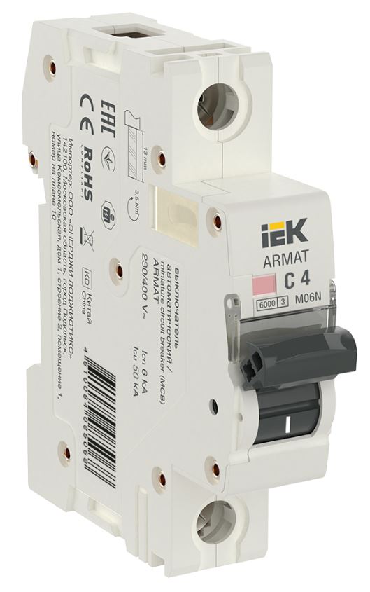 

Автоматический выключатель IEK AR-M06N-1-C004 ARMAT M06N 1P C 4А, AR-M06N-1-C004