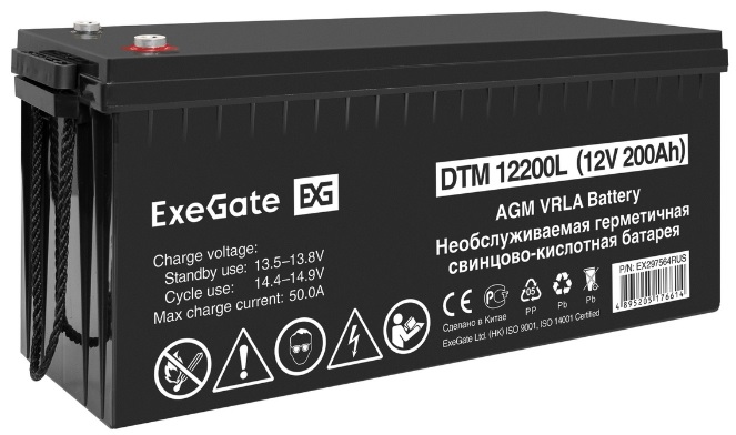 

Батарея аккумуляторная Exegate DTM 12200L EX297564RUS (12V 200Ah, болт М8), DTM 12200L