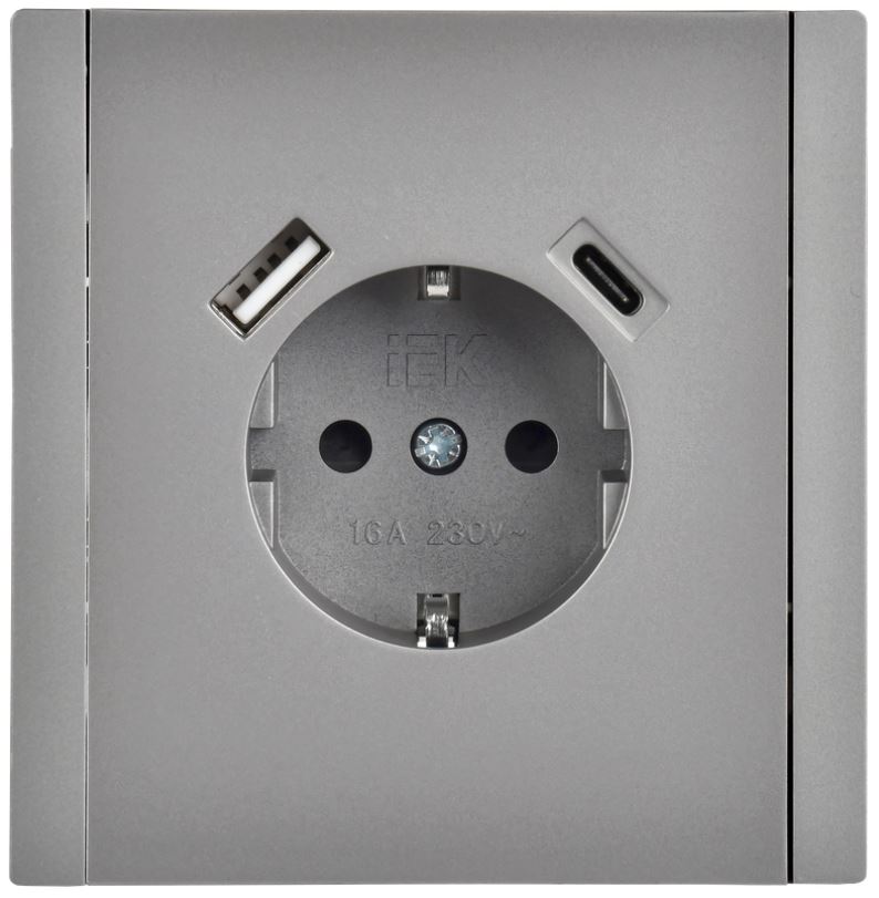 

Розетка с заземлением с 2 USB IEK FP-R14-16-U22-018-K46 FORTE&PIANO с защитными шторками в/к 16А тип A+тип C 18Вт FP547 сталь, FP-R14-16-U22-018-K46