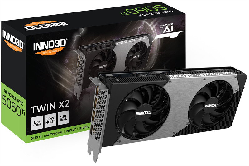 

Видеокарта PCI-E Inno3D GeForce RTX 5060 TI TWIN X2 (N506T2-08D7-193075N) 8GB GDDR7 128bit 5nm 2572/28000MHz HDMI 3*DP, GeForce RTX 5060 TI TWIN X2 (N506T2-08D7-193075N)