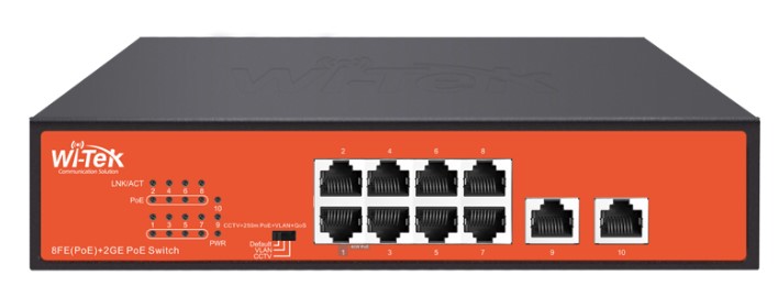 

Коммутатор неуправляемый Wi-Tek WI-PS210G v4 PoE 120Вт, порты 8 PoE FE + 2GE, режимы CCTV/VLAN, Watchdog, QoS, WI-PS210G v4