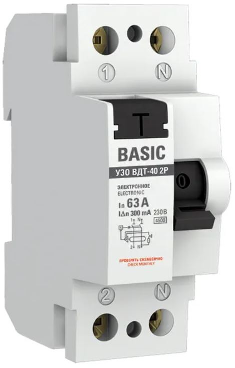 

УЗО EKF elcb-2-63-300e-sim ВДТ-40 2P 63А 300мА тип АС электронный 4,5кА BASIC, elcb-2-63-300e-sim