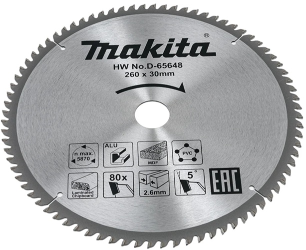 

Диск пильный Makita D-65648 универсальный для алюминия/дерева/пластика, 260x30x80T, D-65648
