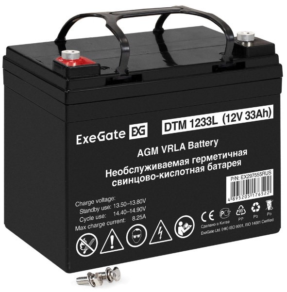

Батарея аккумуляторная Exegate DTM 1233L EX297555RUS (12V 33Ah, болт М6), DTM 1233L