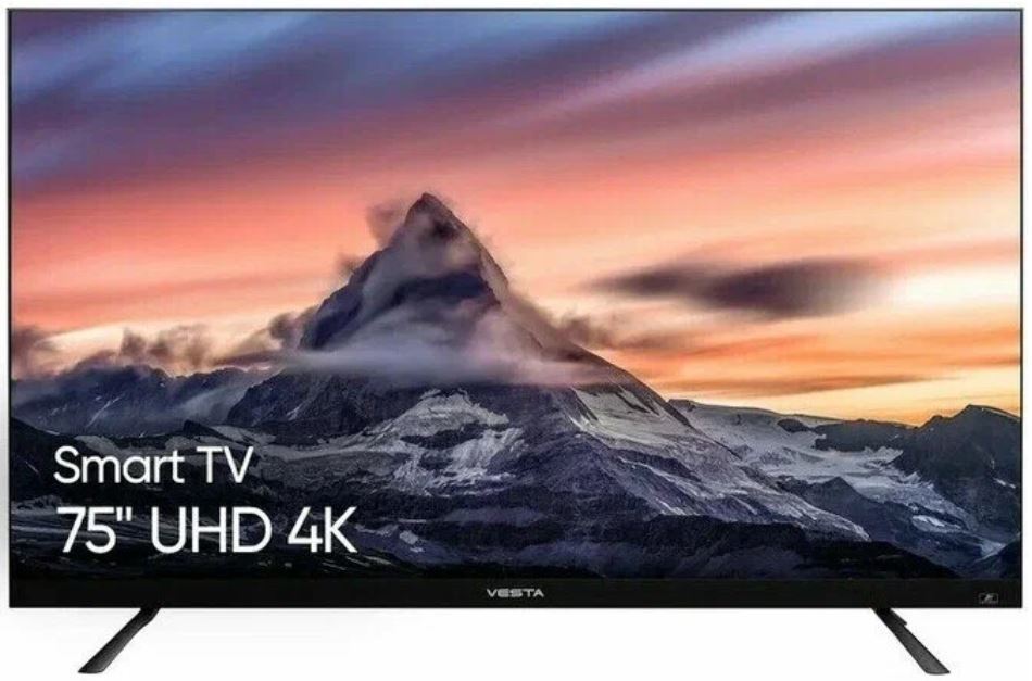 

Телевизор Vesta V75MU6500 75”UHD/T2/S2/Официальный Android TV (11) 2/16Gb/Bluetooth 5.0/black, V75MU6500