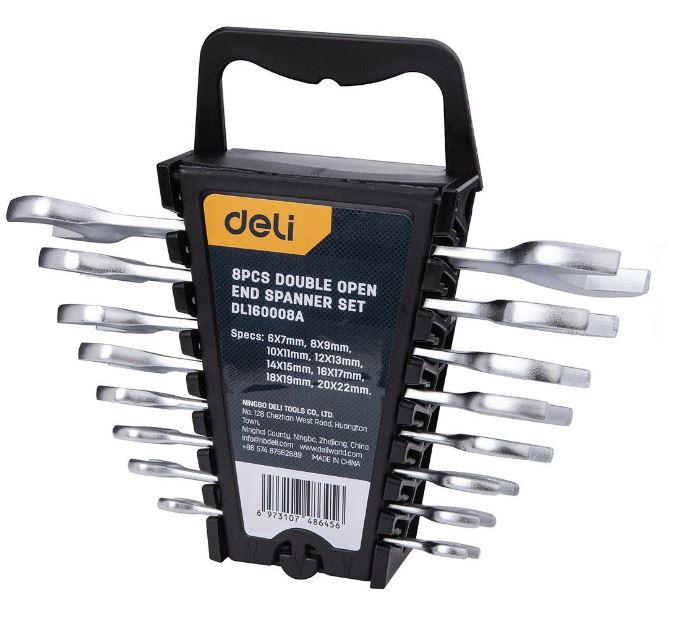 

Набор ключей Deli DL160008A двусторонних гаечных 8 шт размеры 6x7, 8x9, 10x11, 12x13, 14x15, 16x17, 18x19, 20x22 мм, матовая хромированная поверхность, DL160008A
