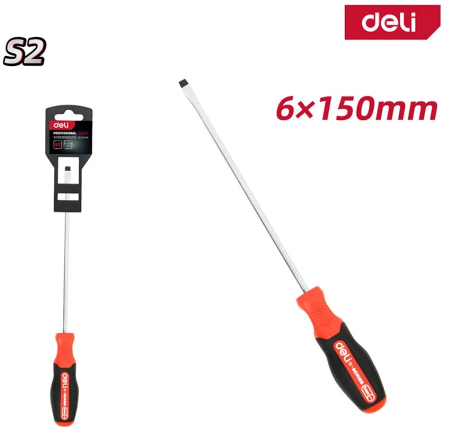

Отвертка шлицевая Deli DL3449 SL6x150мм сталь S2, матовый стержень, двухкомпонентная прорезиненная рукоять, DL3449