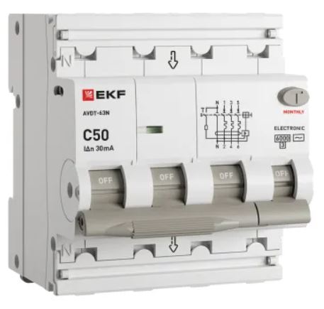 

Автомат дифференциальный EKF D63N46E50C30 АВДТ-63N 3P+N 50А характеристика C 30мА тип AC электронный 6кА PROXIMA, D63N46E50C30