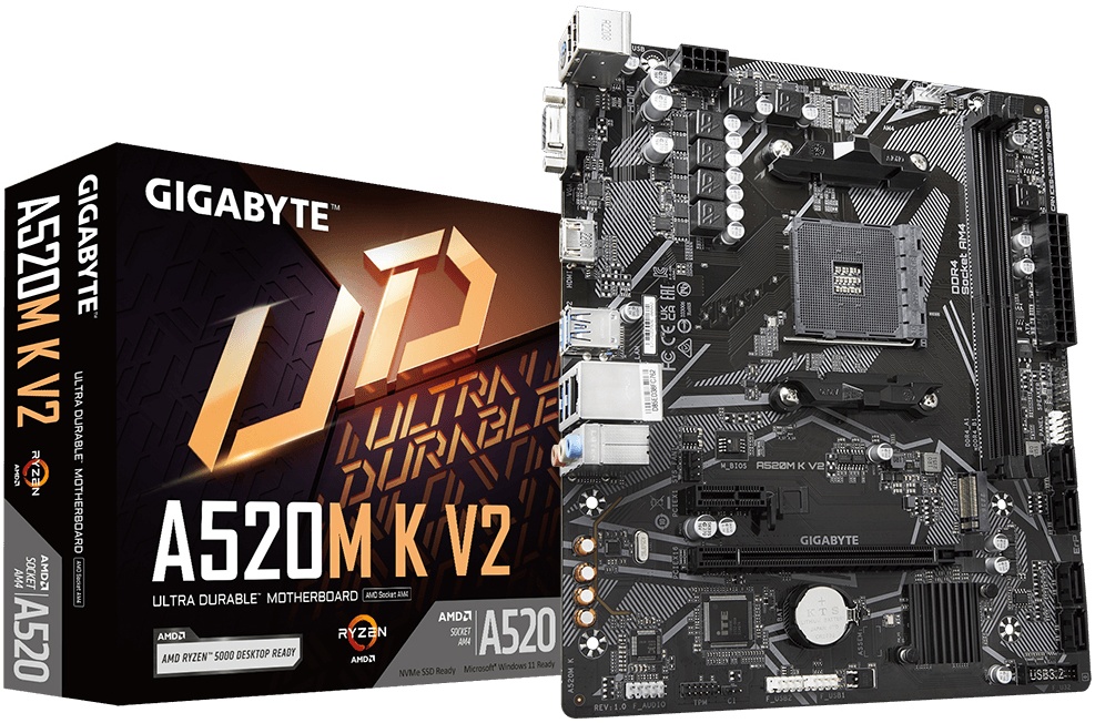 

Материнская плата mATX GIGABYTE A520M K V2 (AM4, AMD A520, 2*DDR4 (5100), 4*SATA 6G RAID, M.2, 2*PCIE, Glan, HDMI, D-Sub, 4*USB 3.2, 2*USB 2.0), A520M K V2