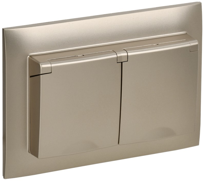 

Розетка двухместная с заземлением в сборе IEK SK-R26-16-44-K37-F с защитными шторками и с крышкой SKANDY 16А IP44 SK-R12Sh шампань, SK-R26-16-44-K37-F