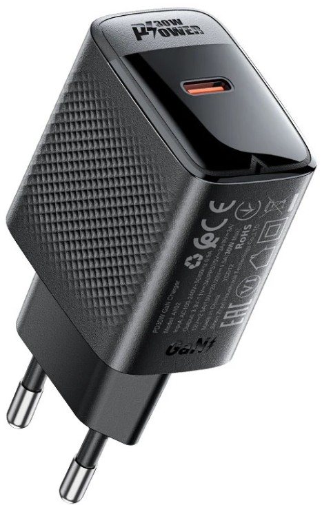 

Зарядное устройство сетевое ACEFAST A102 с одним портом USB-C PD30W Gan USB-C Charger (EU). Цвет: черный, A102