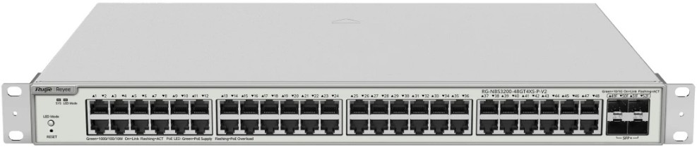 Коммутатор управляемый RUIJIE NETWORKS RG-NBS3200-48GT4XS-P-V2 L2+, PoE 48*RJ45 1Гбит/с / Uplink 4*SFP+ 10Гбит/с, IEEE 802.3af/at 370W