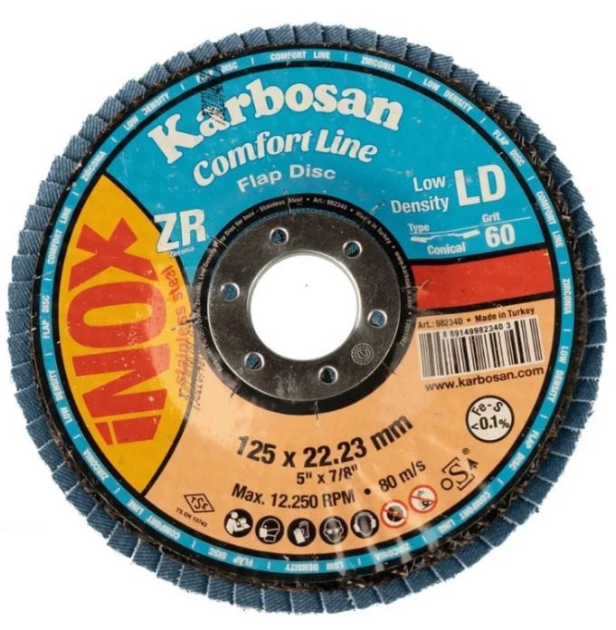 

Круг лепестковый ООО САМ KAR-982340-10 Karbosan КЛТ 125х22/Р60 Comfort Line ZR LD Flap Конический INOX 10 шт, KAR-982340-10