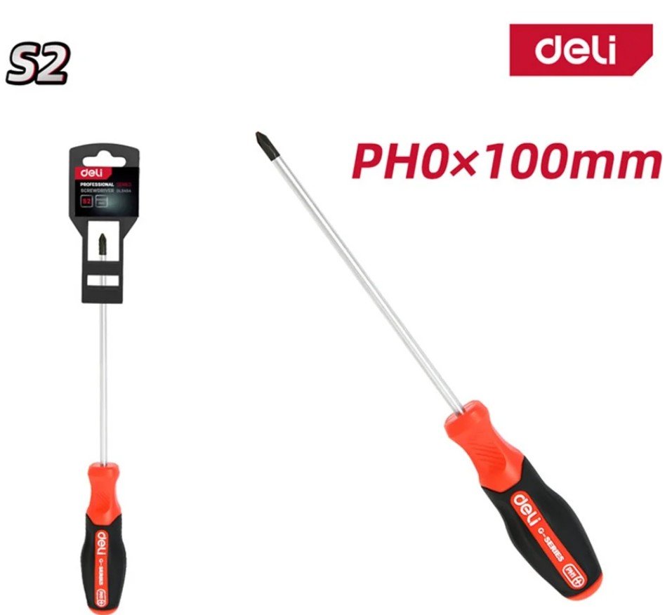 

Отвертка крестовая Deli DL3454 PH0x100мм сталь S2, матовый стержень, двухкомпонентная прорезиненная рукоять, DL3454