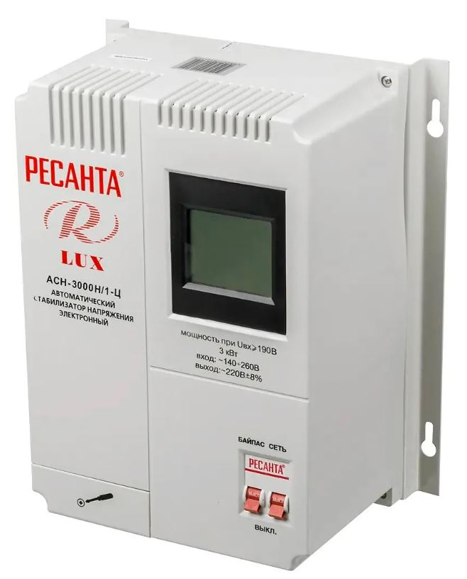 

Стабилизатор Ресанта 63/6/21 АСН-3000Н/1-Ц 3000 Вт; вх/вых напряжение 140-260 В/202-238 В; точность стабилизации 8%, 63/6/21